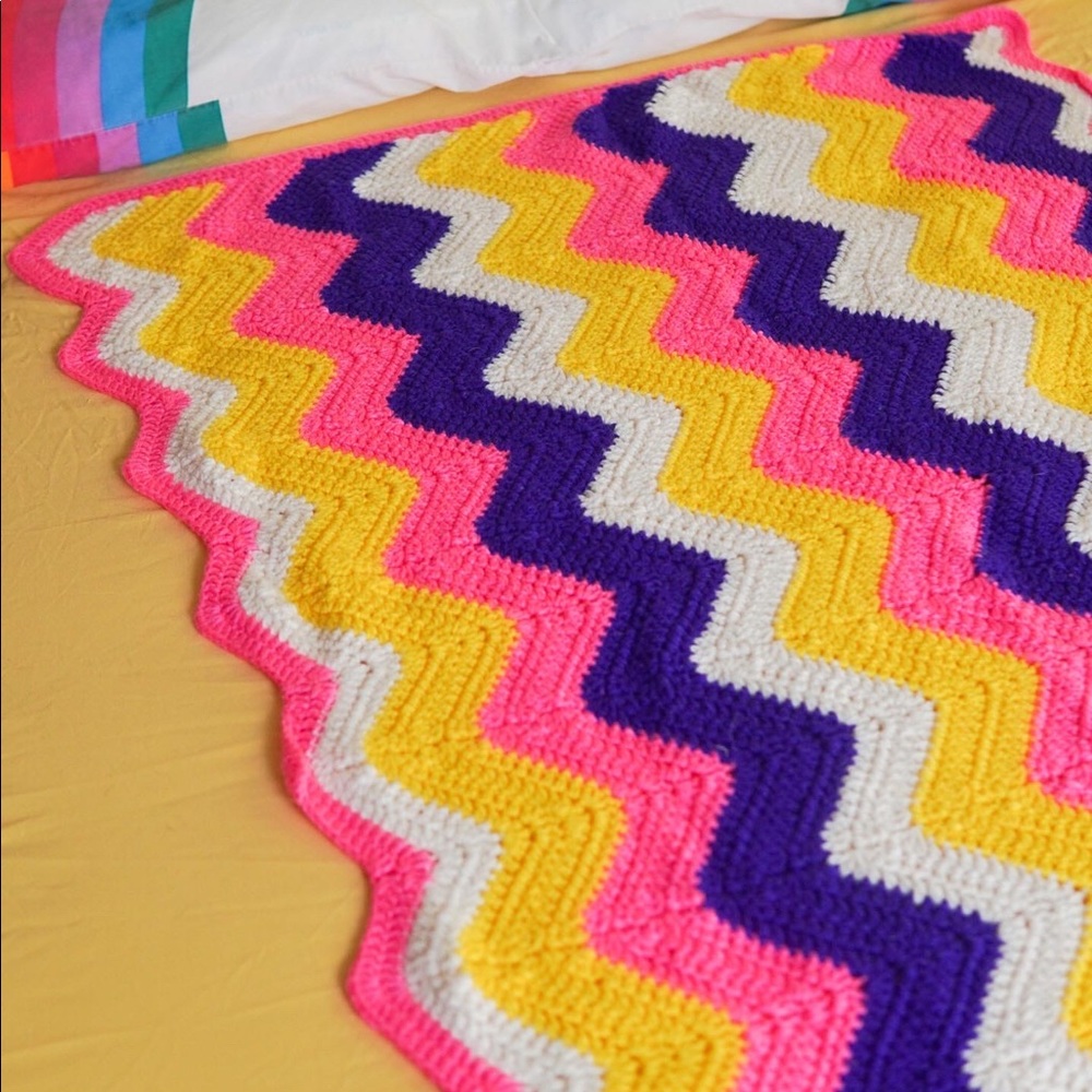 48” x 40” chevron Crochet blanket psychedelic neon pink purple yellow.